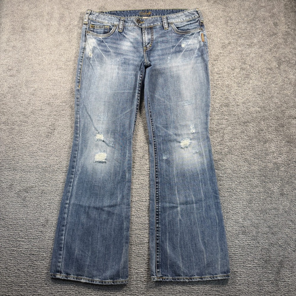 Silver Jeans Tuesday Low Rise Flare Distressed Jeans Medium Wash 34/33